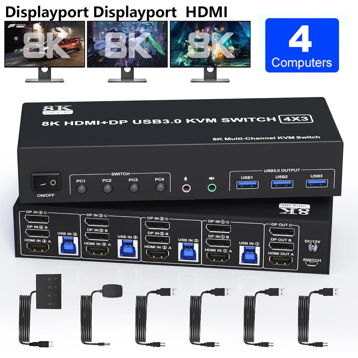 IHDAPP IHDAPP KVM Switch 4 Computer 3 Monitor 2 DP + 1 HDMI 8K@60Hz 4K@144Hz USB 3.0 Audio — product photo