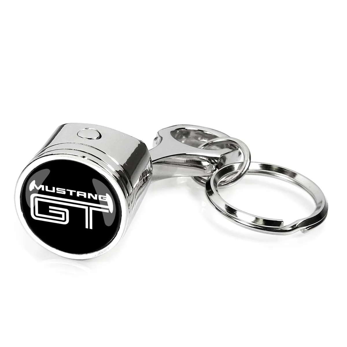 Chrome metal piston and connecting rod key chain with domed logo