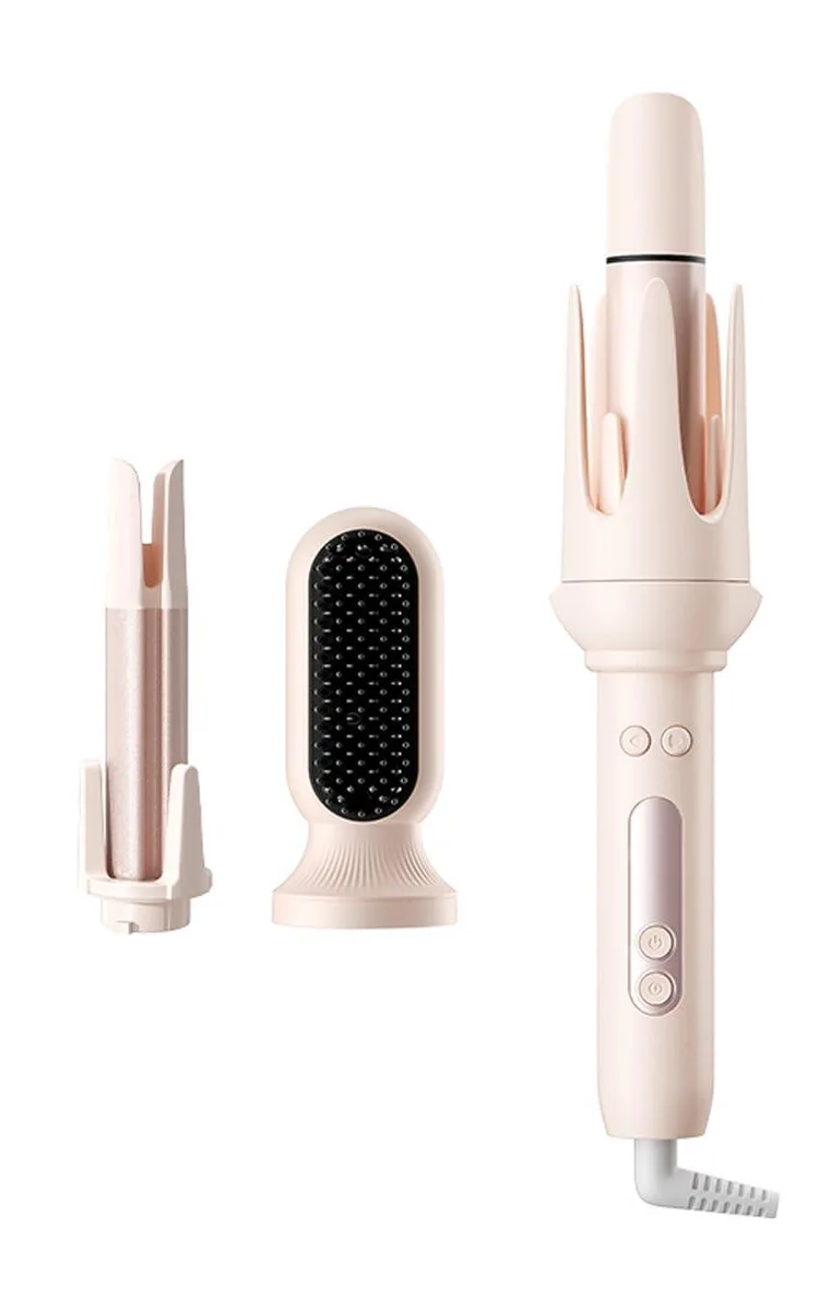 Pink 3-in-1 hair styling set with two curling barrels and straightening brush