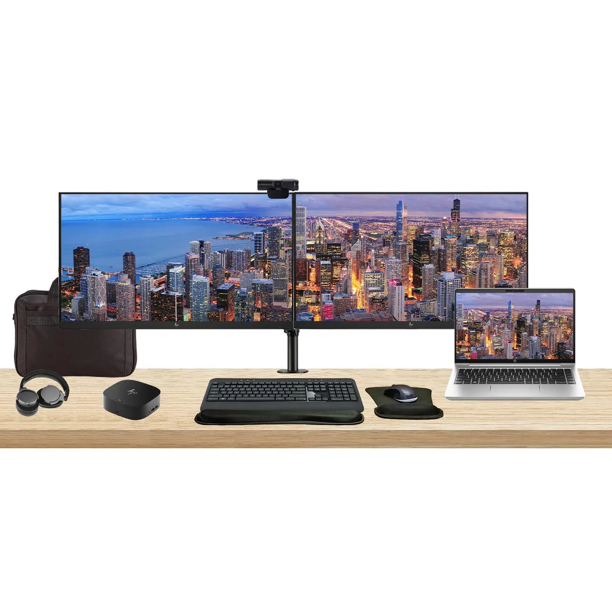 HP HP ProBook 445 G10 laptop Ryzen 5 16GB 256GB bundle 2×27" monitors dock keyboard mouse webcam headphones bag — product photo