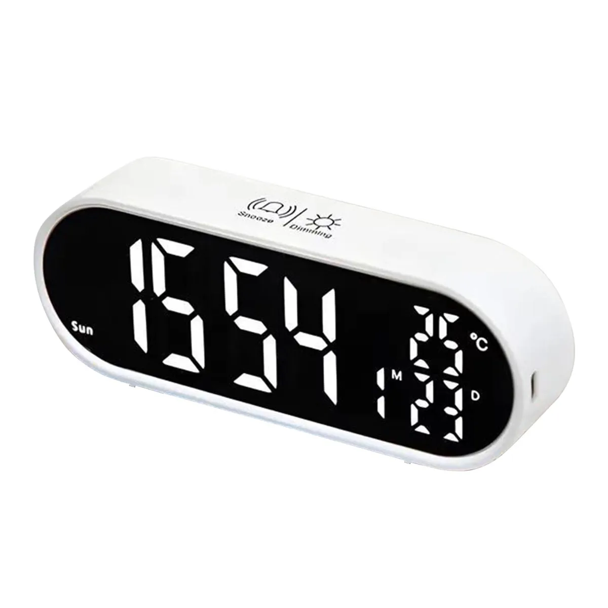 White oval digital clock with mirror LED display on desk