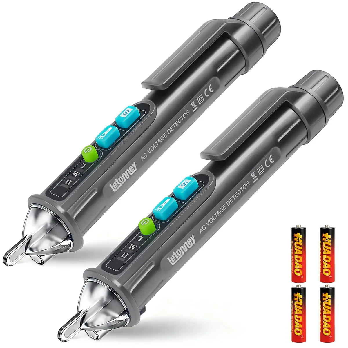 Two grey voltage tester pens with LED tips and flashlights