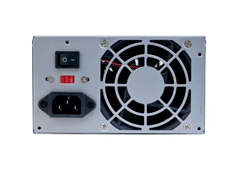 Grey ATX power supply unit, compact box shape, single fan grille visible
