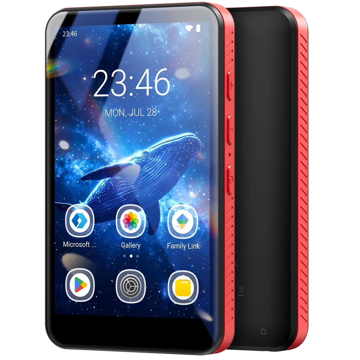 Black-red rectangular media player with 4 inch IPS touchscreen, protective case and earphones included