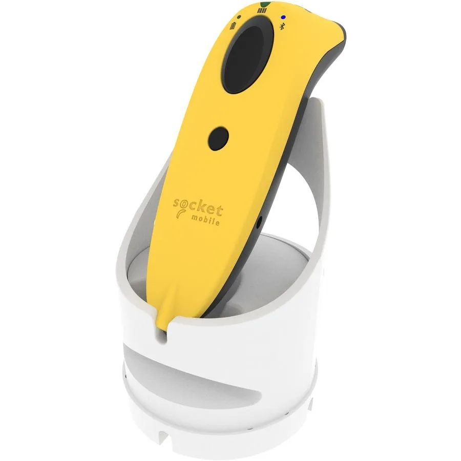 White SocketScan S720 linear barcode scanner with charging stand