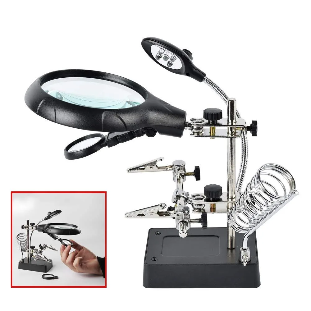 White plastic magnifier station with adjustable alligator clips, flexible LED arm, and interchangeable lenses