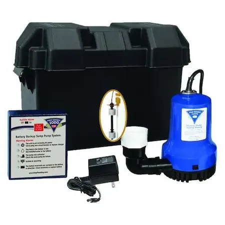 Compact black ABS sump pump with float switch and battery terminals