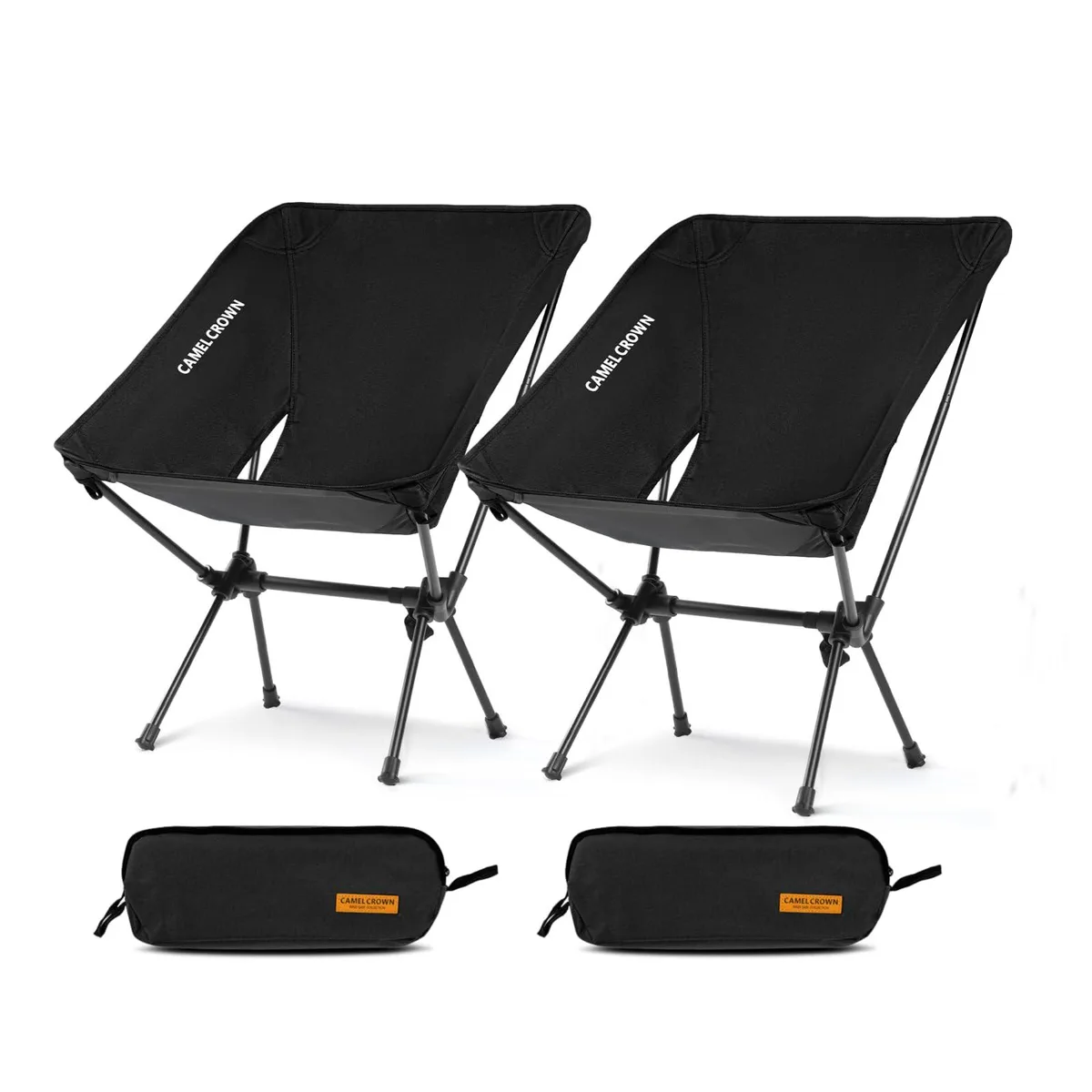 Two folded camouflage camp chairs with carry bag
