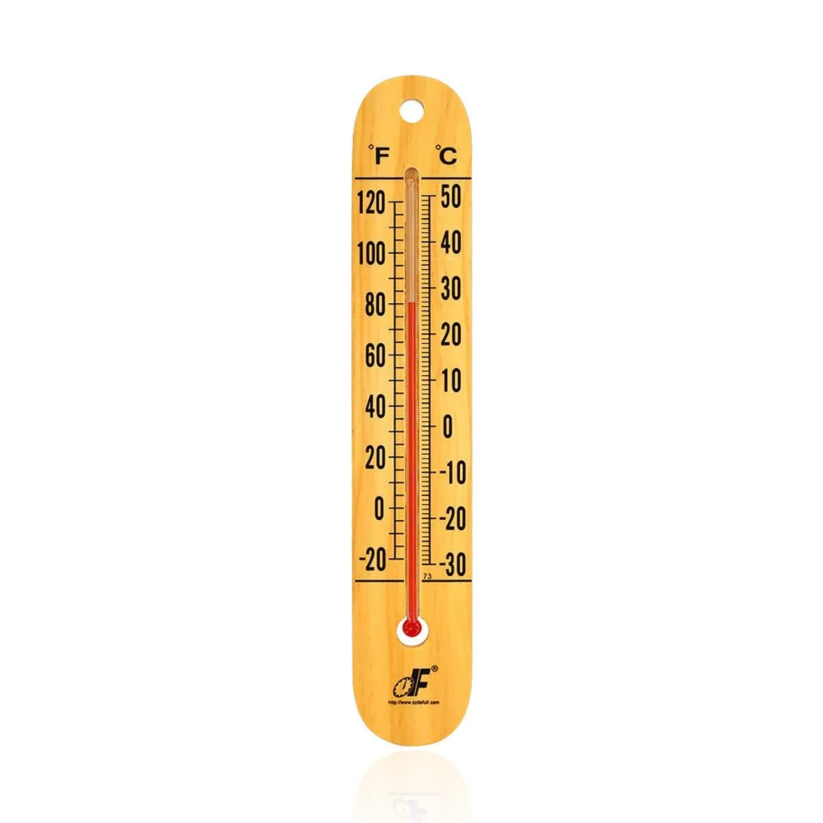 Large vertical wood thermometer, yellow finish, 10.5 inch scale showing both Celsius and Fahrenheit