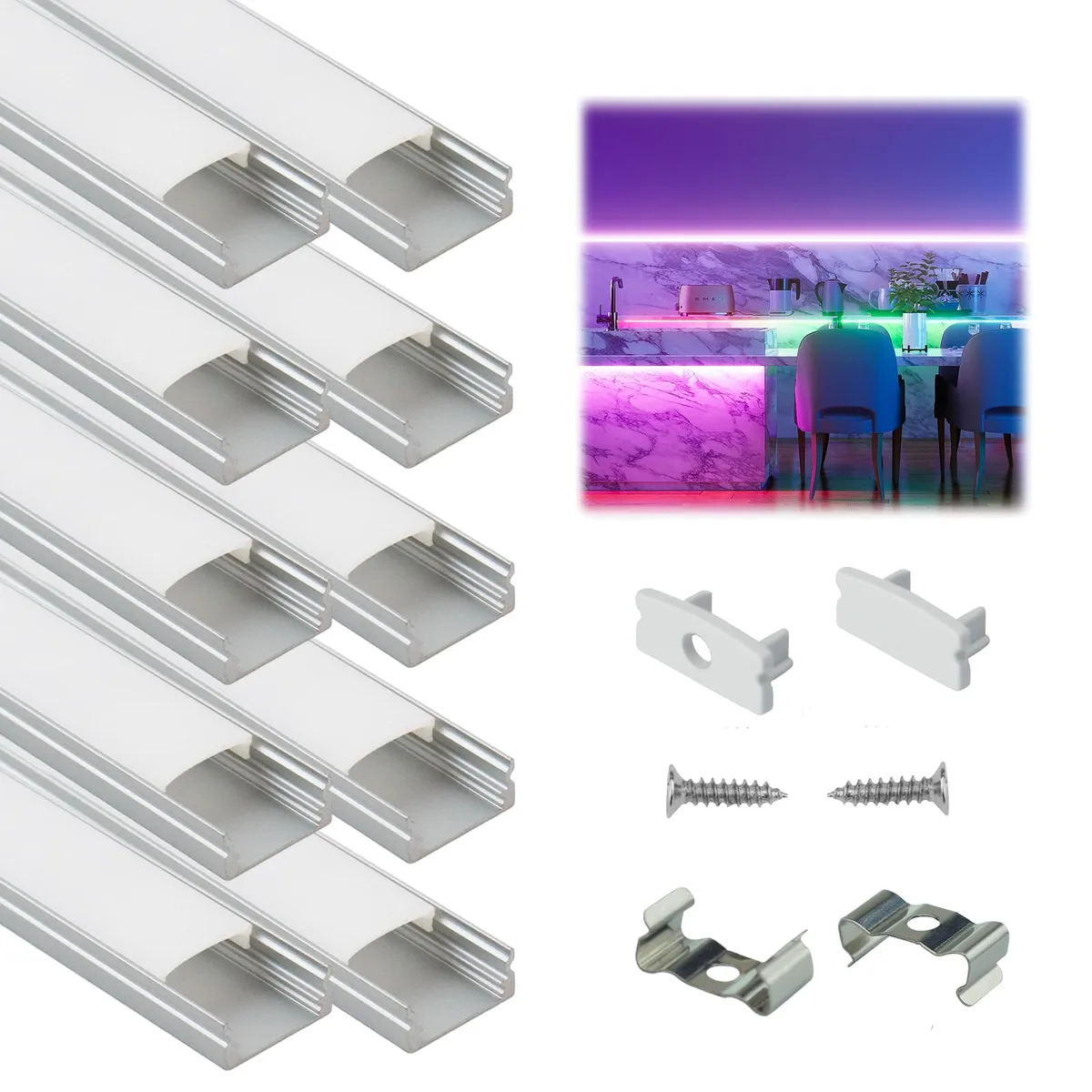 Ten silver U-channels with milky covers, each 3.3 ft long