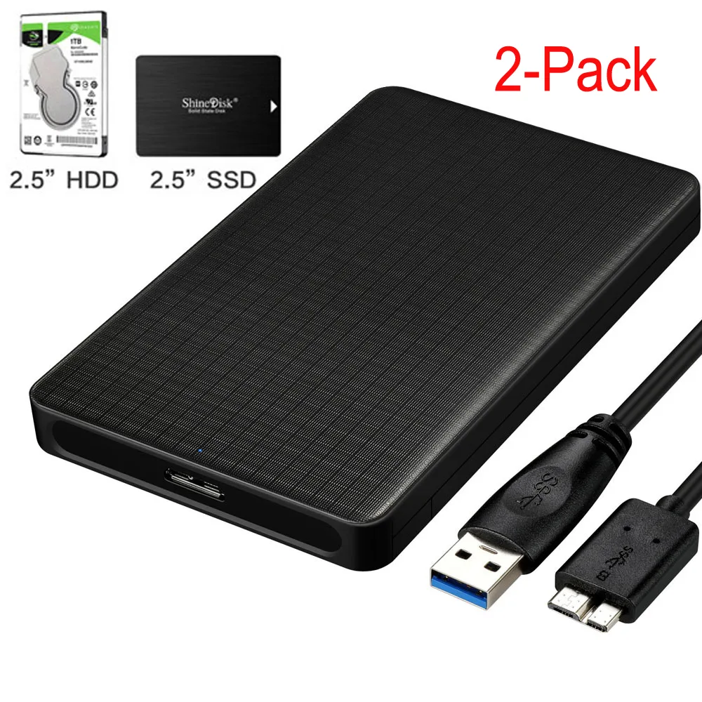 Two black ABS plastic 2.5 inch SATA enclosures with Micro USB 3.0 ports and dual LED lights