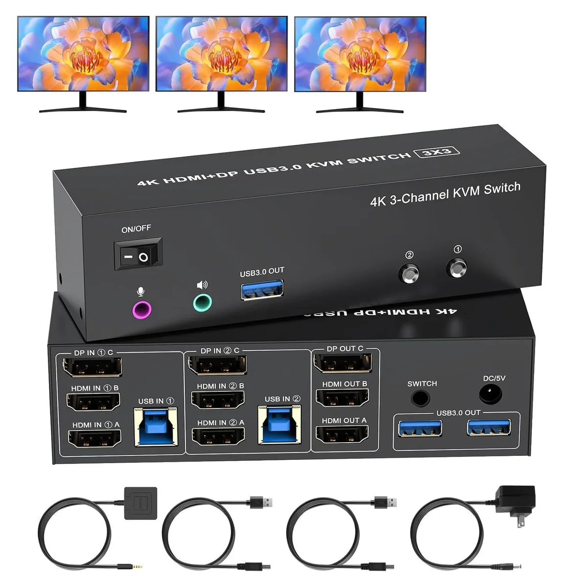 WRIARICH WRIARICH 4K KVM Switch 3 Monitors 2 Computers DP+2 HDMI USB 3.0 — product photo