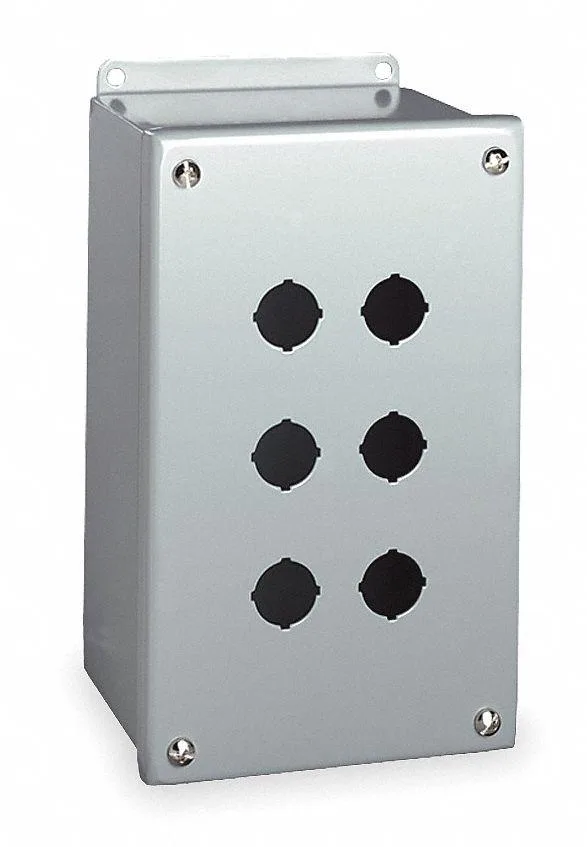 Wiegmann Wiegmann PBXD6 30 mm 6-hole steel pushbutton enclosure 9.5×8.5×4.81 in NEMA 12/13 — product photo