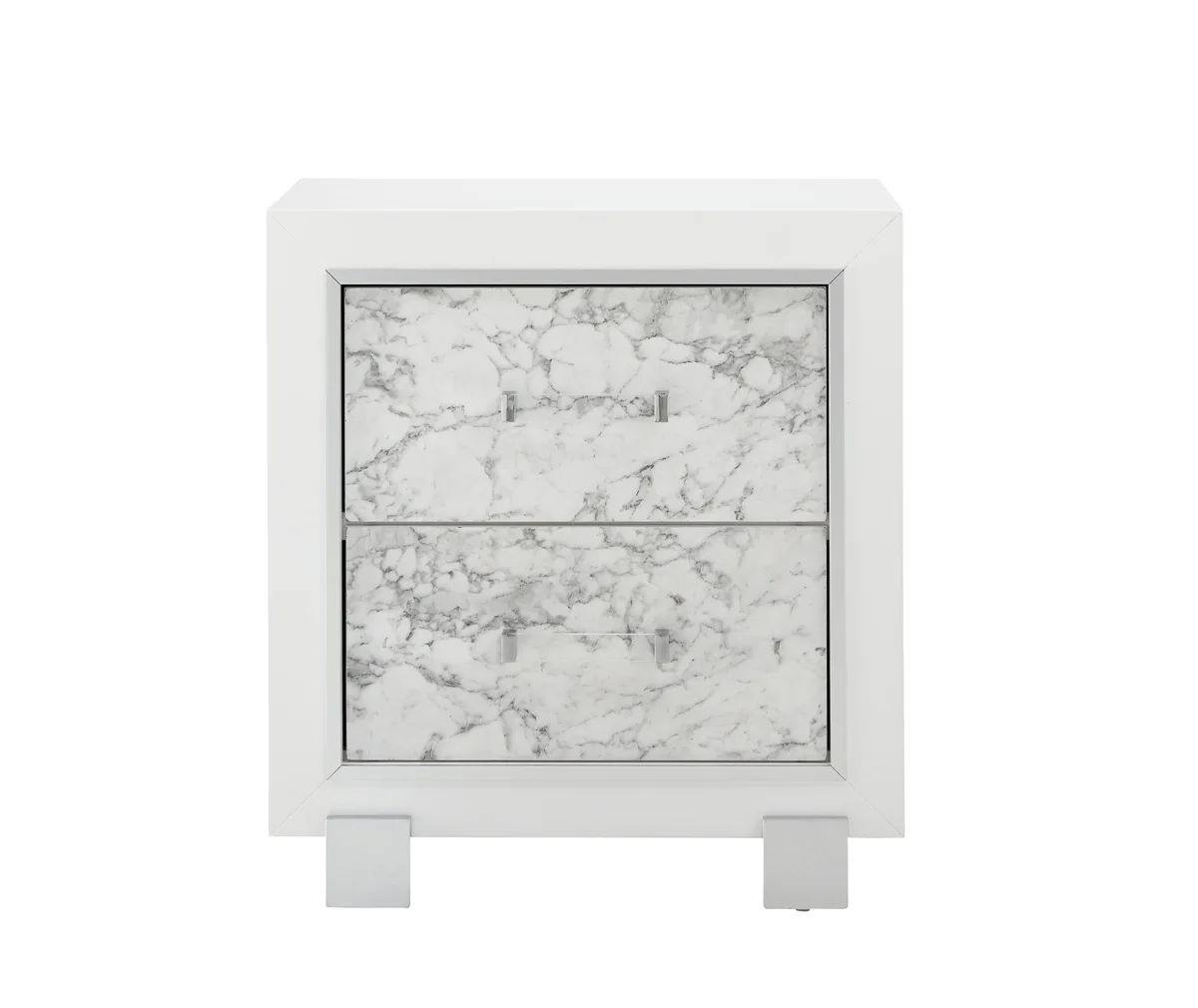 White nightstand with marble-effect drawer fronts, knob handles, rubberwood frame, 20" W 14" D