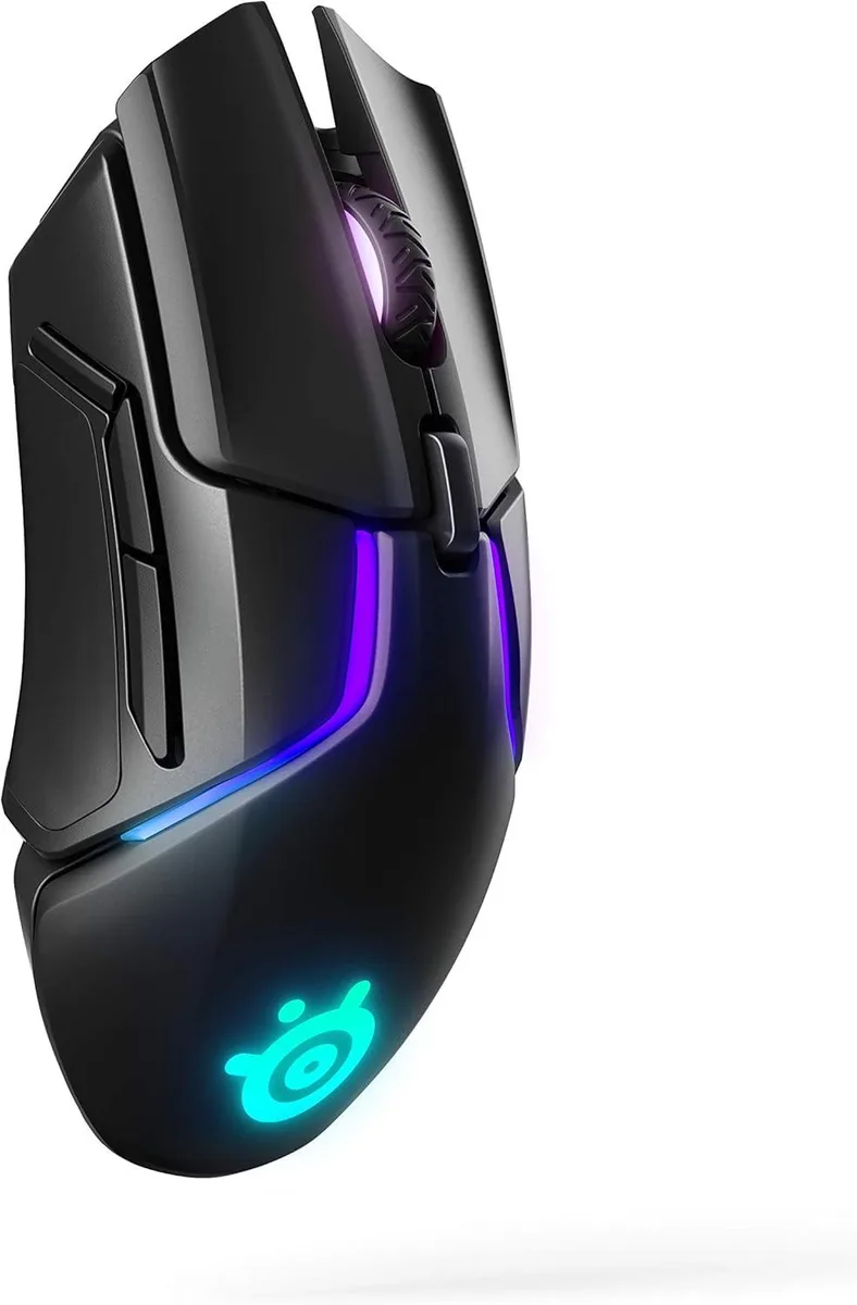 Black right-handed gaming mouse with matte finish, RGB side lighting and removable weight cartridges visible