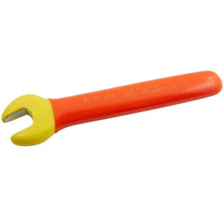 Orange insulated open-end wrench with yellow safety layer, 17 mm head