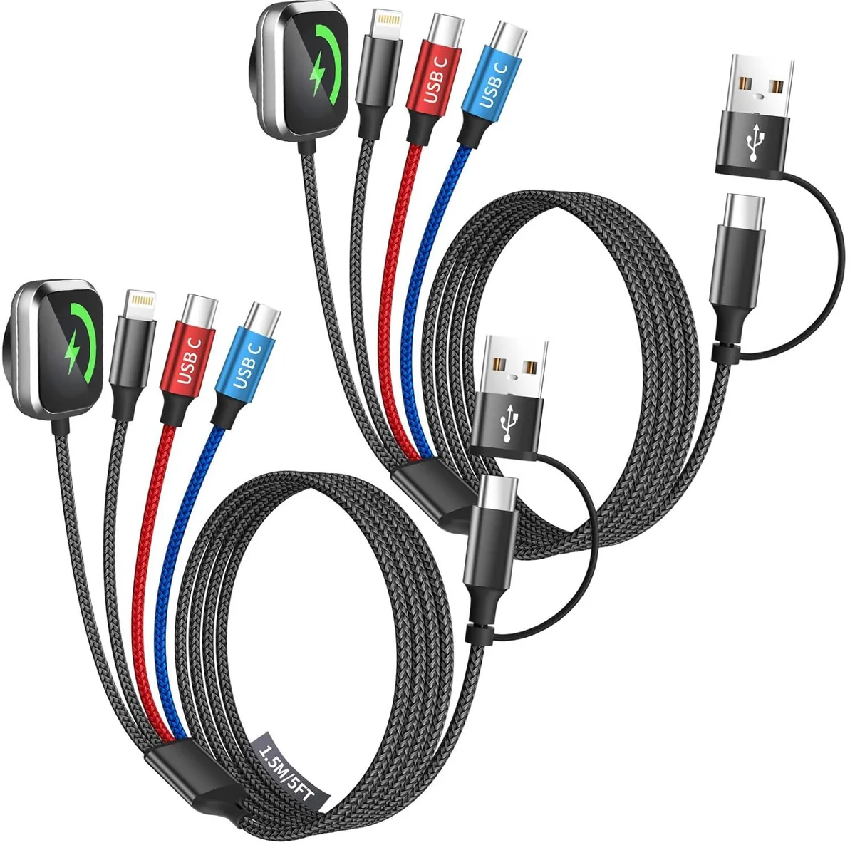 Two flat white 5-foot cables with USB-A and USB-C plugs plus watch puck and dual Type-C tips