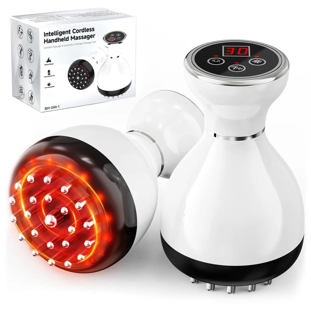 White hand-held massager with rounded rectangular body and textured head
