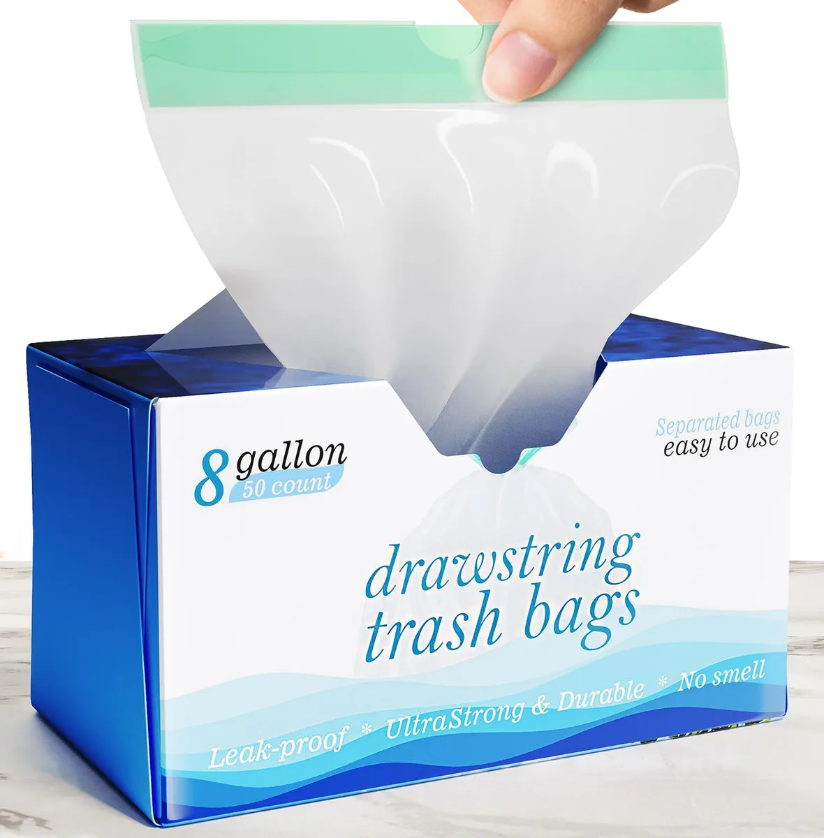  Bay Ridge Laguna TB2026 8 Gallon Drawstring Garbage Bags 0.8 Mil White 23x27 50 Count — product photo