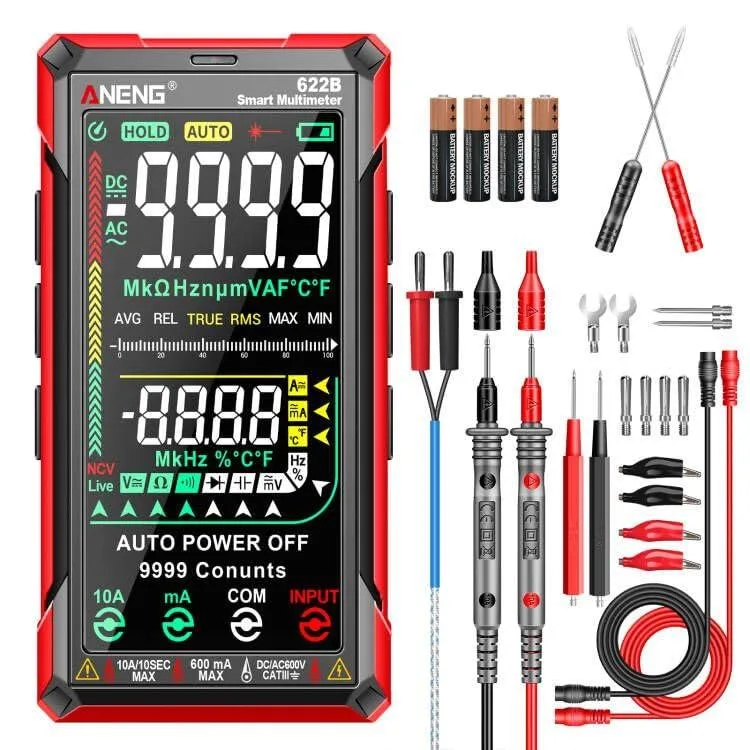 Red pocket digital multimeter with large colour LCD and analog bar