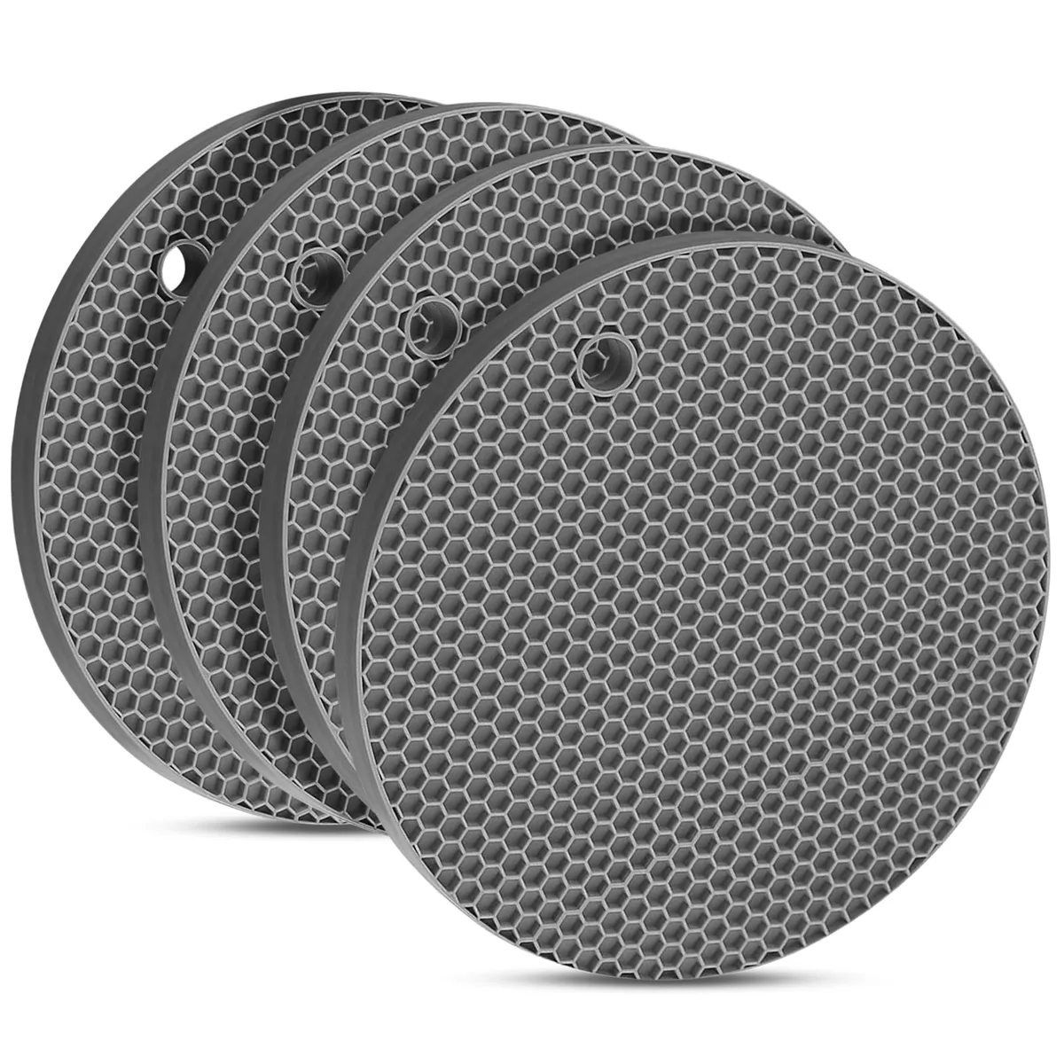 Four round dark grey silicone trivet mats with honeycomb pattern, 6.9 inch diameter