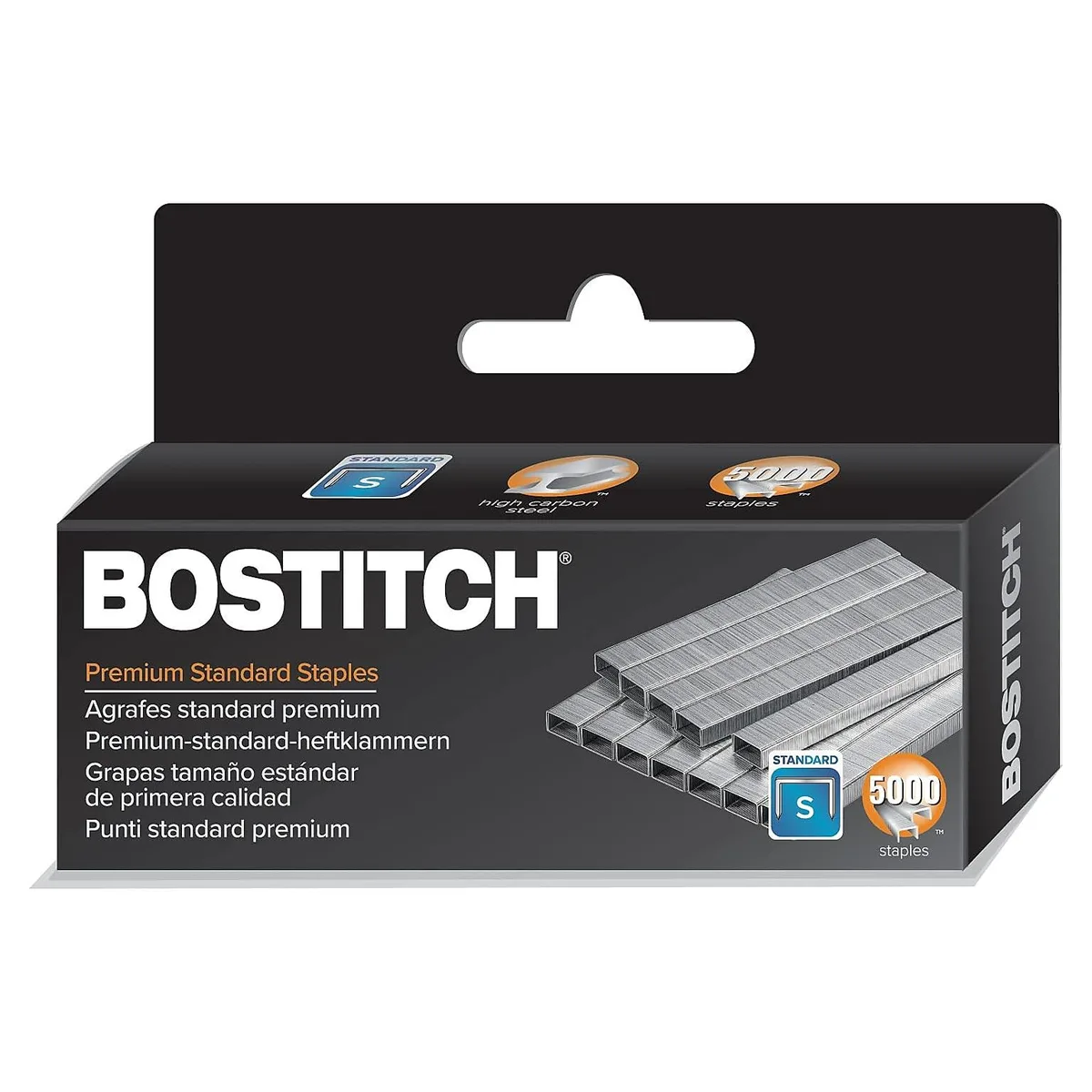 White rectangular box containing 1500 L-shaped staples with 1/4 inch leg length