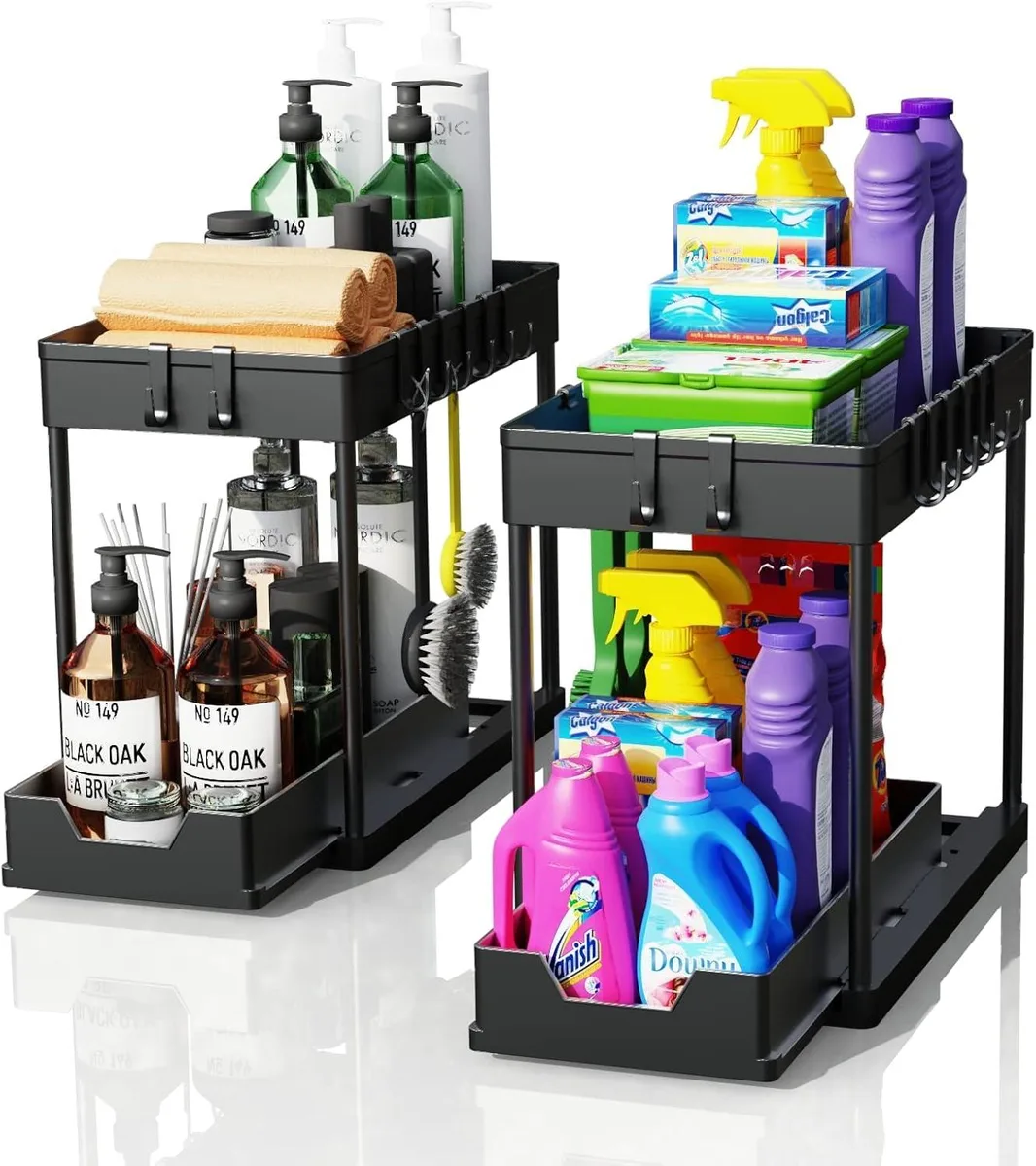 Two black sliding under-sink organizers with hooks, 14 by 8.27 by 12.8 inches