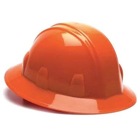 Orange full brim hard hat with ratchet suspension and smooth polyethylene shell