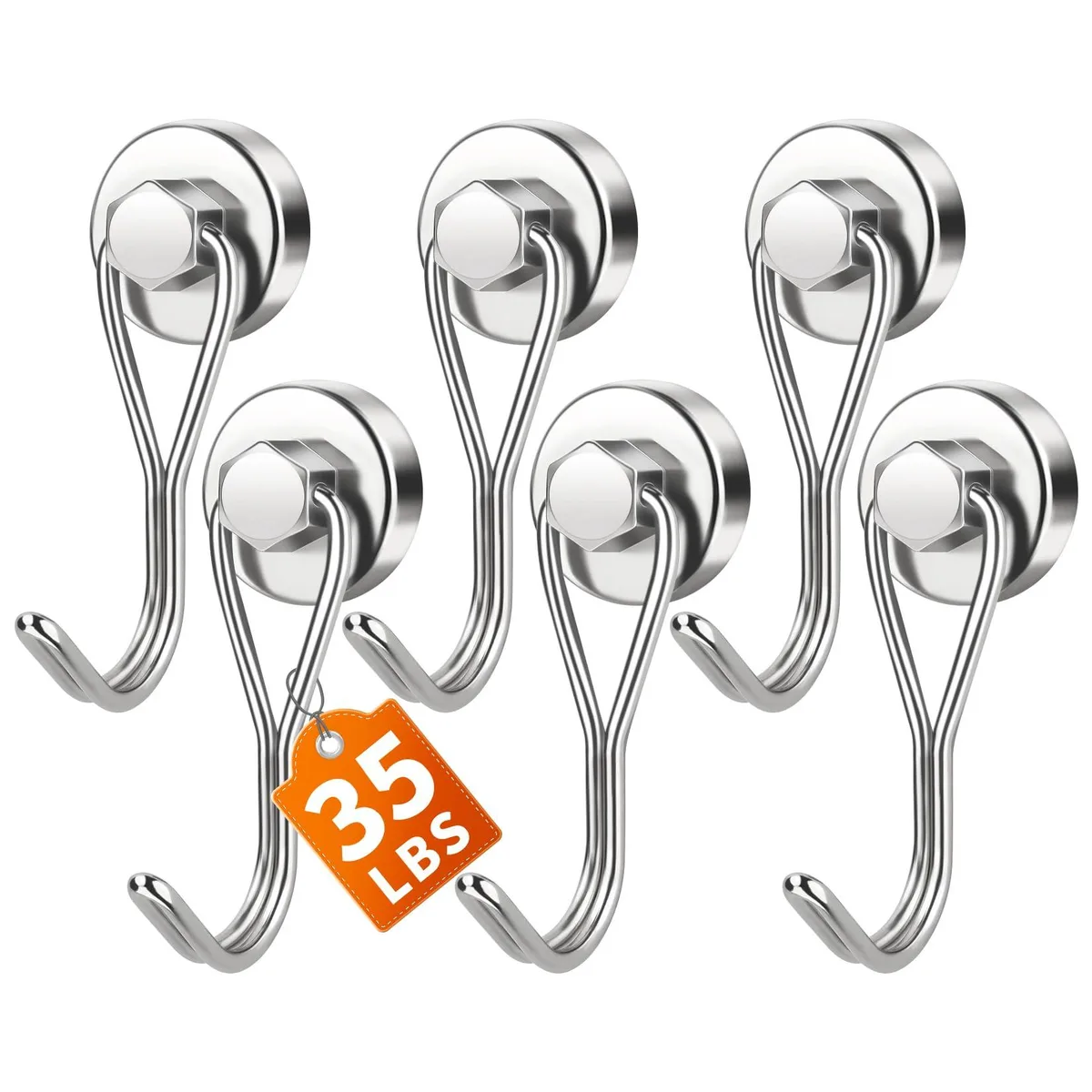 Six silver magnetic hooks with 180° swivel heads