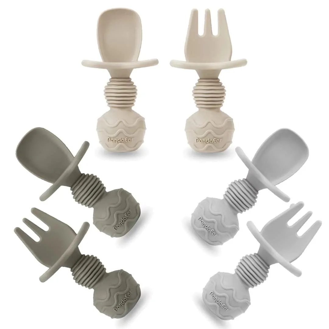 PandaEar Silicone Baby Spoons and Forks Set 6 Pack (Tan Walnut Grey) — product photo