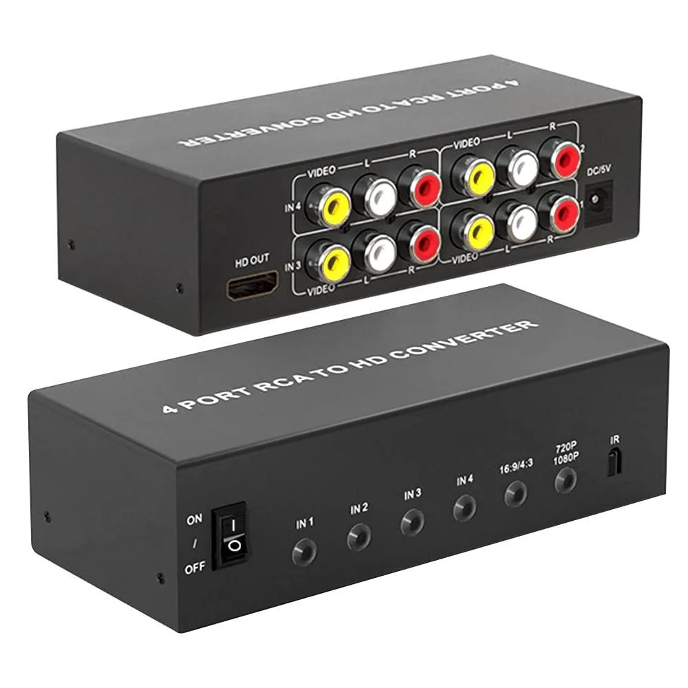 Black rectangular box with four RCA ports and HDMI output, remote included