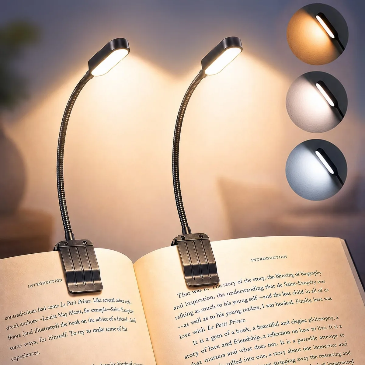 Best World LED 2-Pack Rechargeable Book Lights 800mAh 780h 3 CCT 360° Gooseneck — product photo