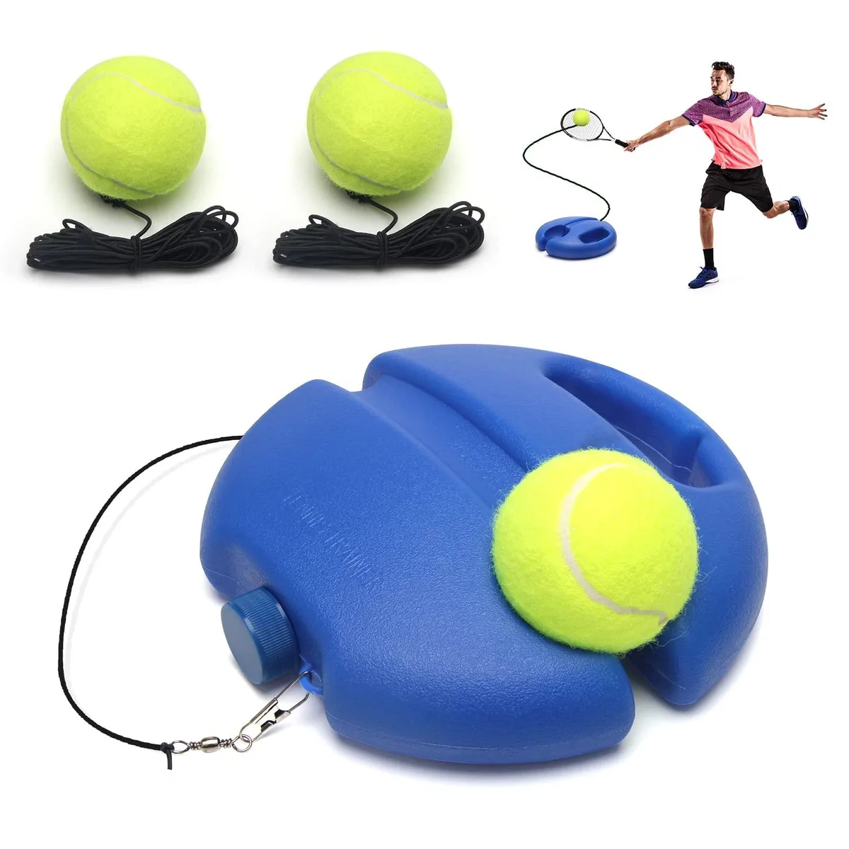 Blue base with three yellow tennis balls on 13ft elastic strings