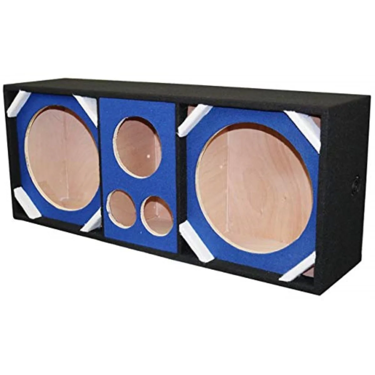 Blue wooden speaker enclosure with cutouts for two 12in woofers two tweeters and one horn
