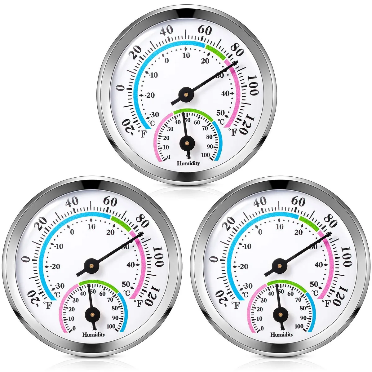 Three silver 2.2-inch dial hygrometers with glass faces
