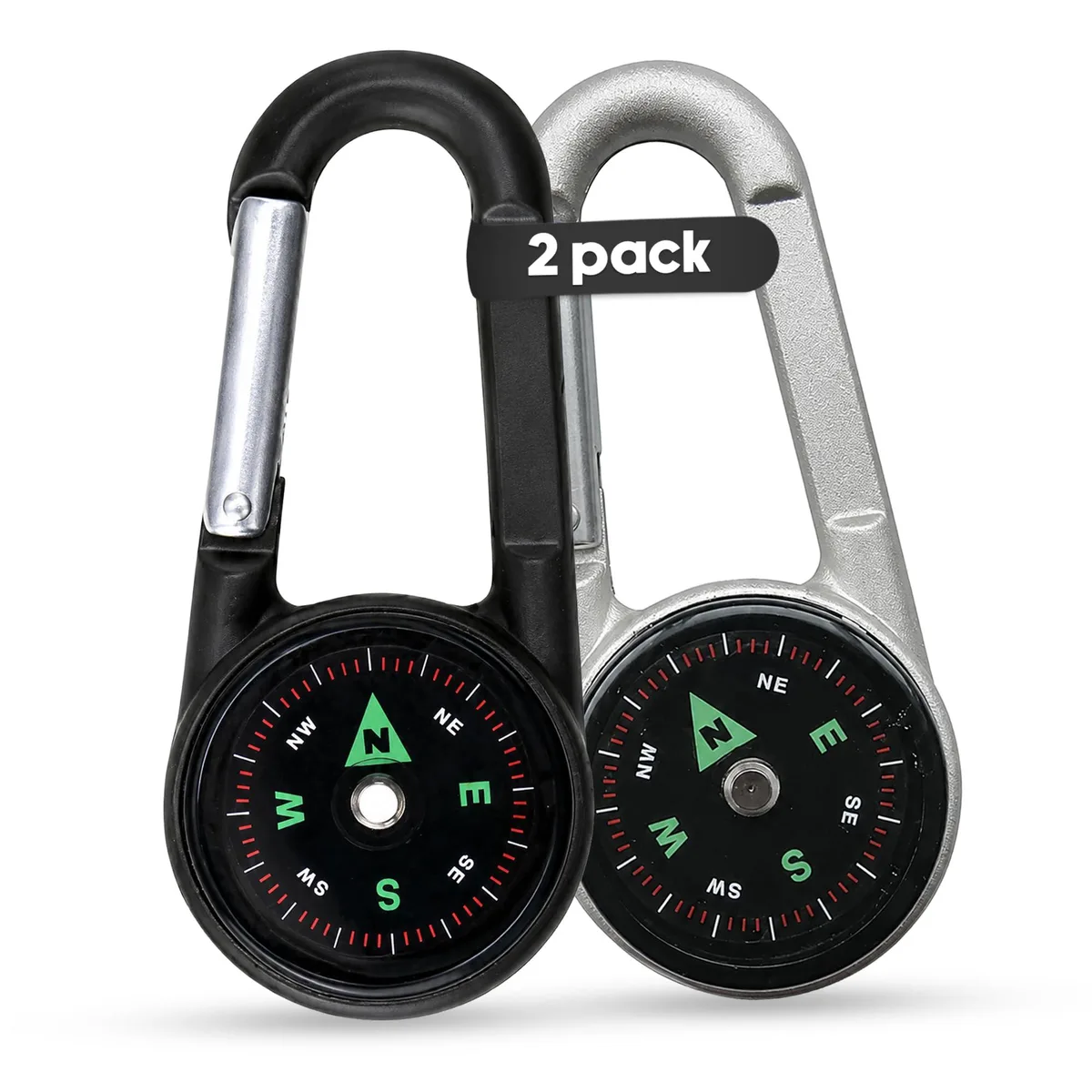Small grey aluminium carabiner compass with thermometer, 2.7 inch by 1.2 inch by .7 inch, two pieces