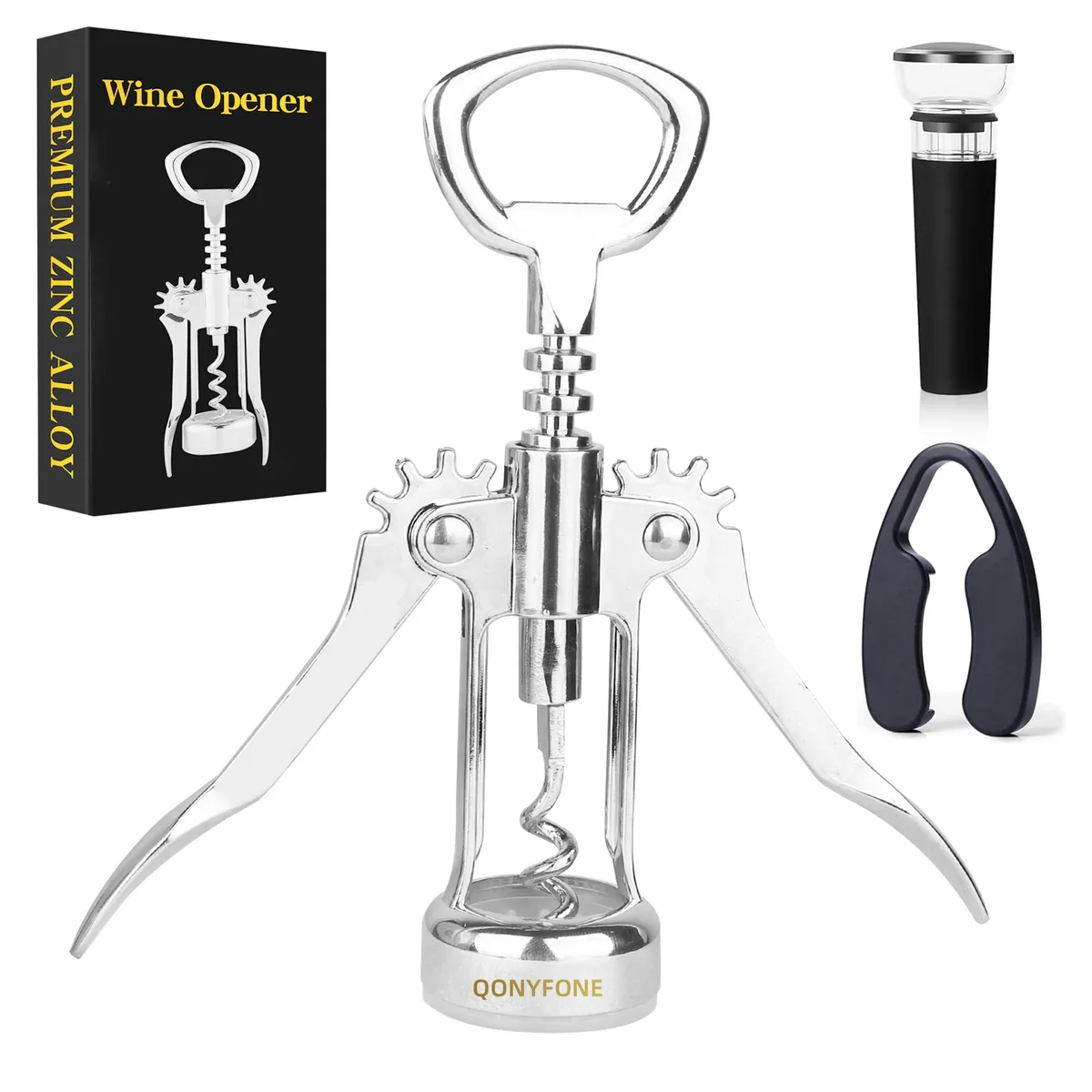 Silver wing corkscrew with bottle opener, zinc alloy, 6.5 by 2.4 inches