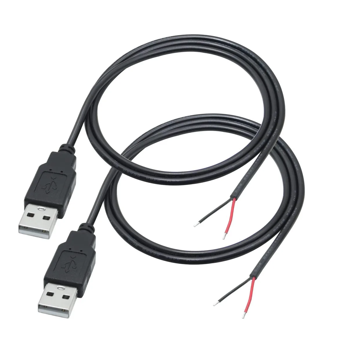 Two black USB-A male to bare-wire cables, 22AWG, 1 metre each