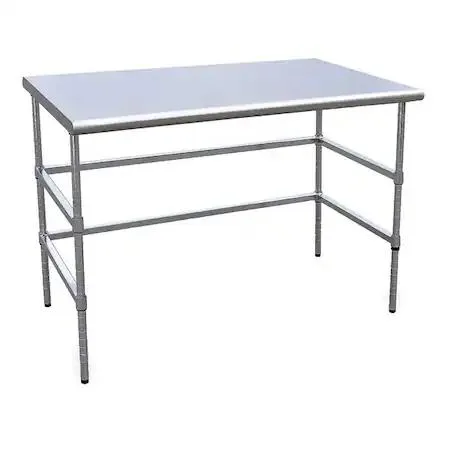 Silver stainless steel fixed work table 48 inches wide 30 inches deep with C-frame bases and adjustable feet