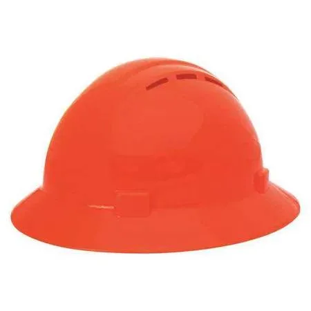 Hi-vis orange Americana hard hat with full brim and four-point pinlock suspension