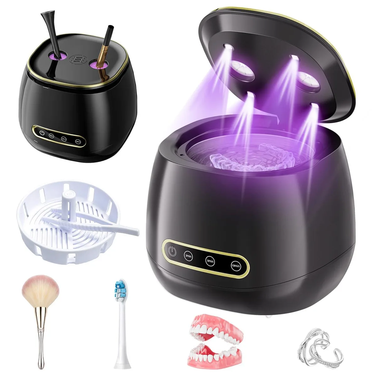 White rectangular ultrasonic cleaner with transparent lid and four UV lights visible inside