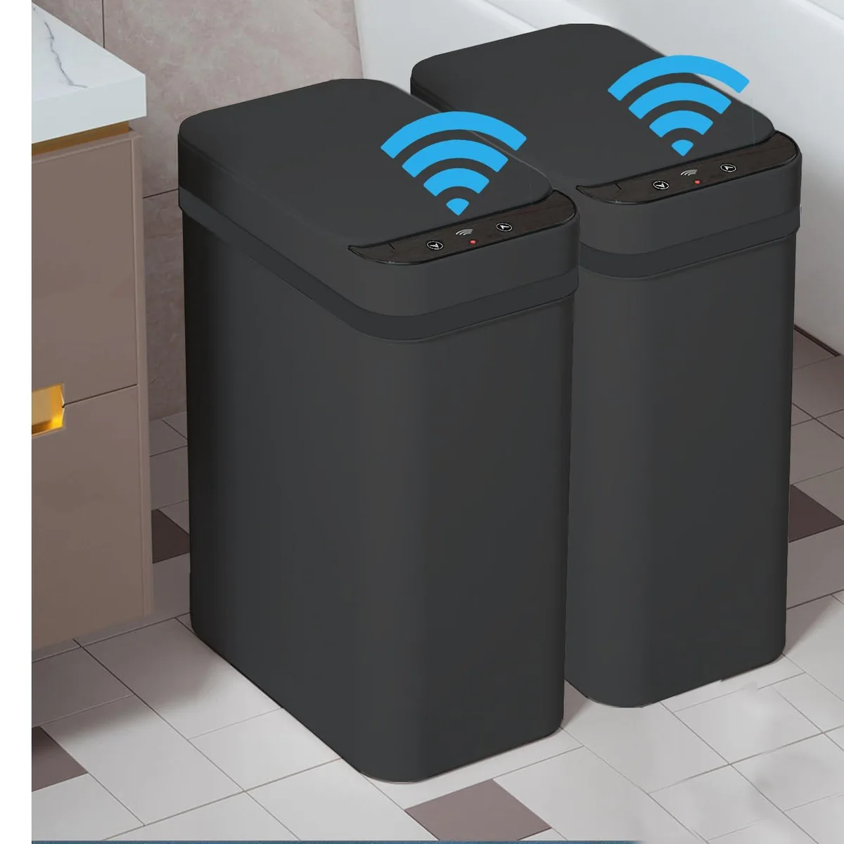 Two black plastic slim bins with sensor lids, 2.5 gallon capacity