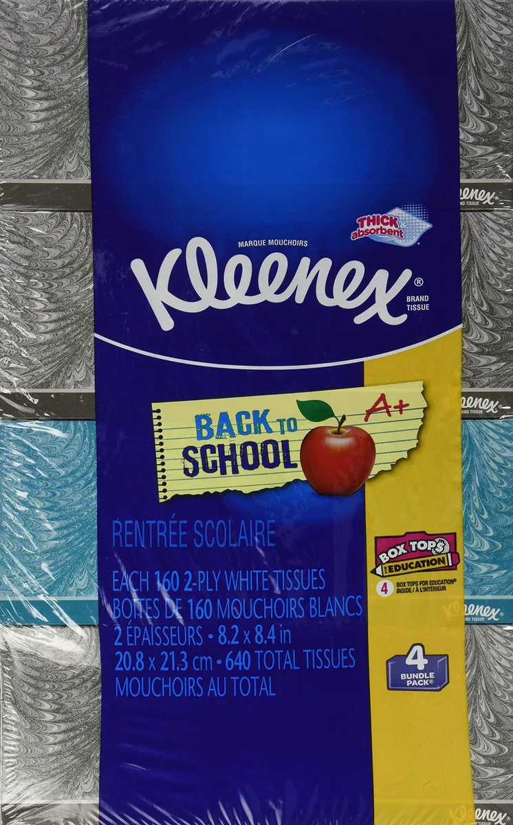 Four rectangular white cardboard boxes with varied printed designs, each containing 160 two-ply facial tissues
