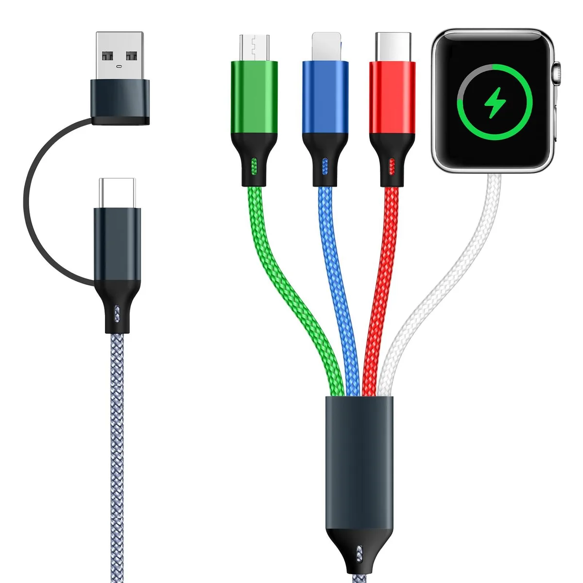 White 1.2 m cable with USB-A, USB-C inputs and magnetic Apple Watch charger tip