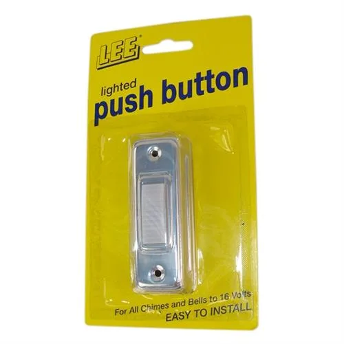 Polished chrome wired push button with white lighted button, flush mounted