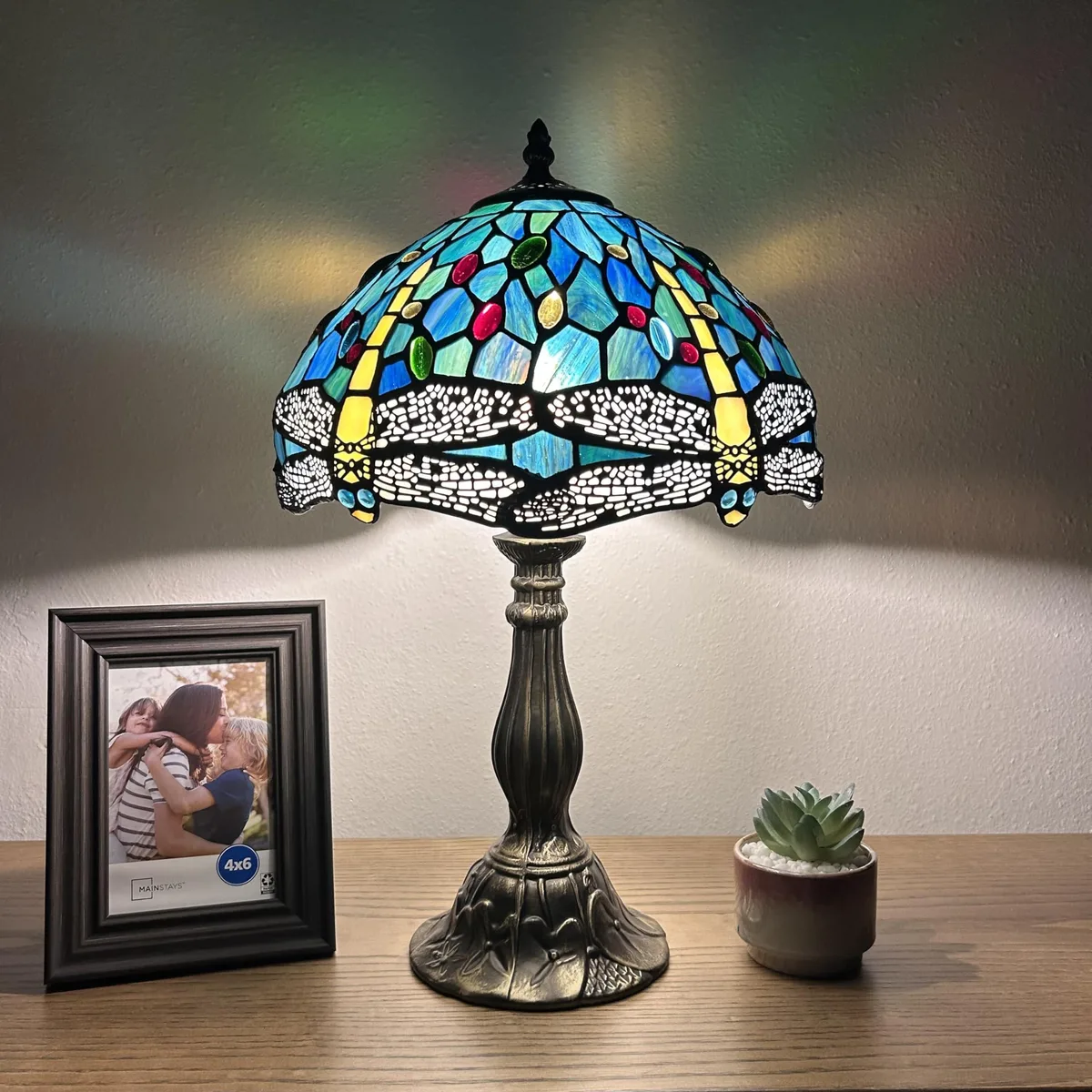 XIN CHENG TIFFANY LIGHTING XIN CHENG TIFFANY LIGHTING Dragonfly Green Blue Stained Glass Table Lamp 12"W 19"H — product photo