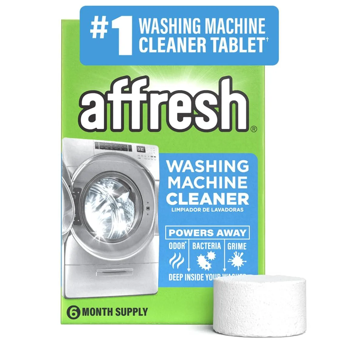White box containing six time-release washing machine cleaner tablets