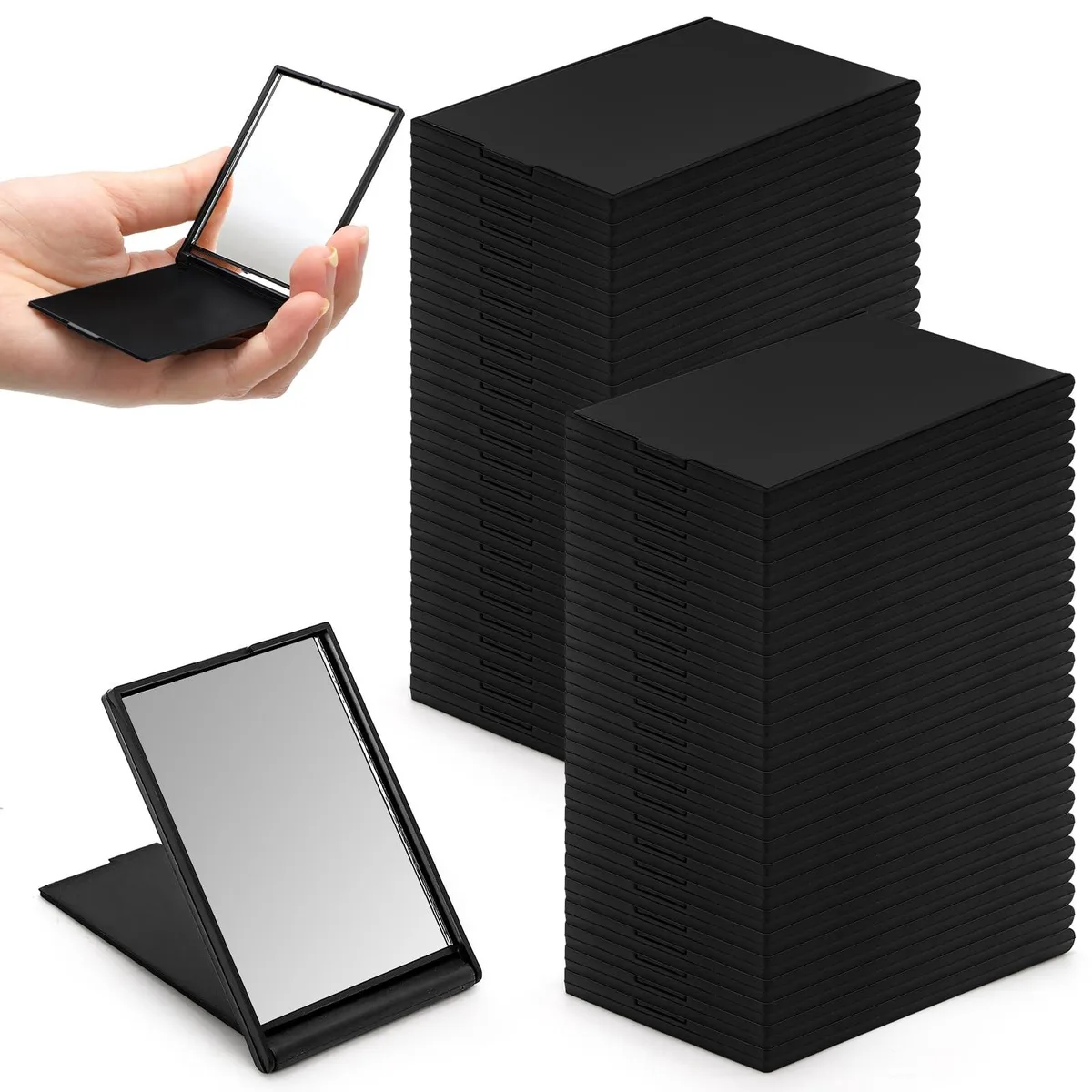 Fifty black rectangular folding mirrors in polished plastic finish, each 2.9 by 2 inches
