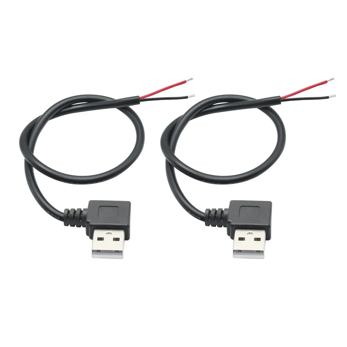 Two black USB-A right-angle plugs with bare red and black wires, 30 cm long, pair