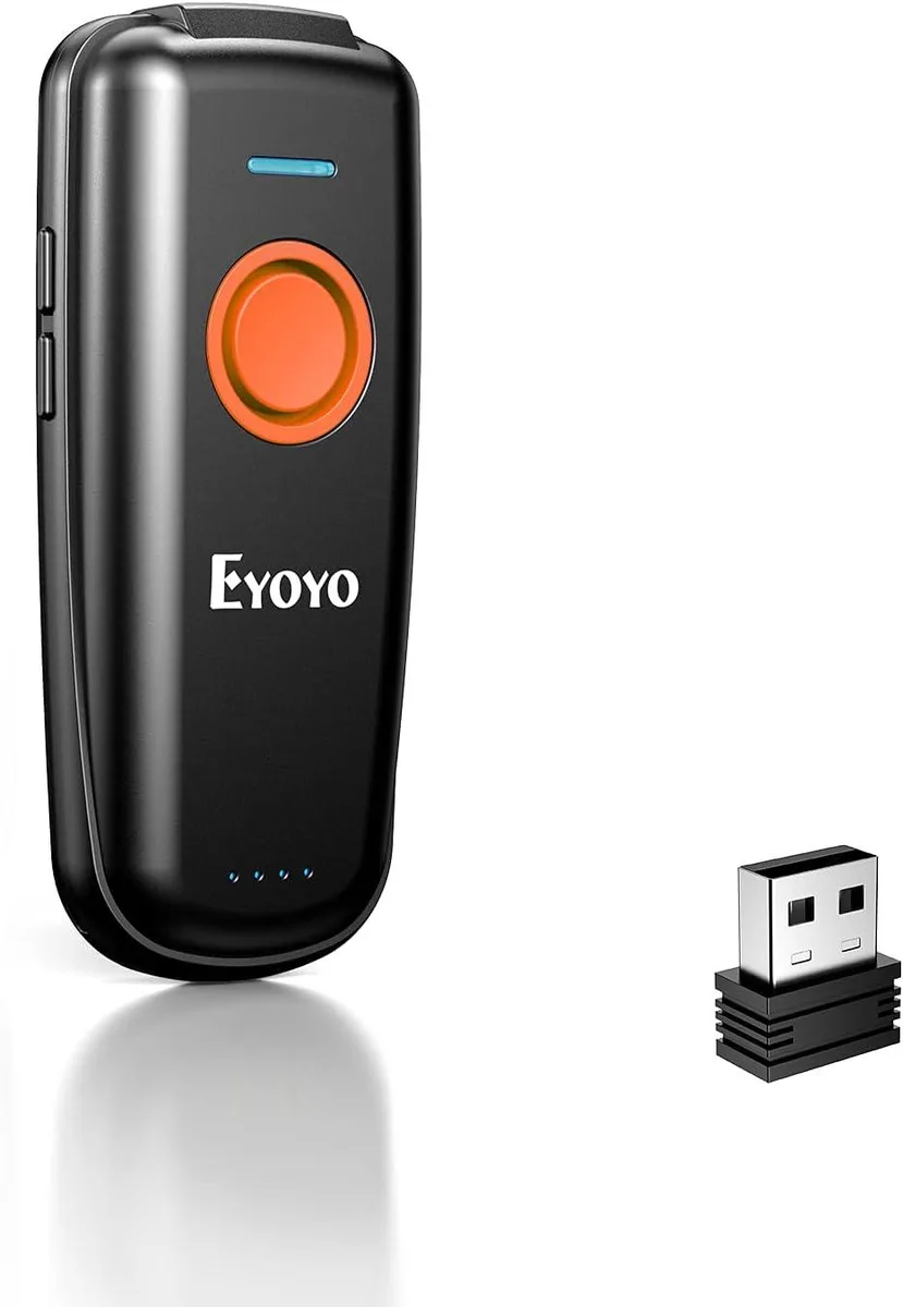 Small white wireless barcode scanner with volume buttons and wrist strap, 80g